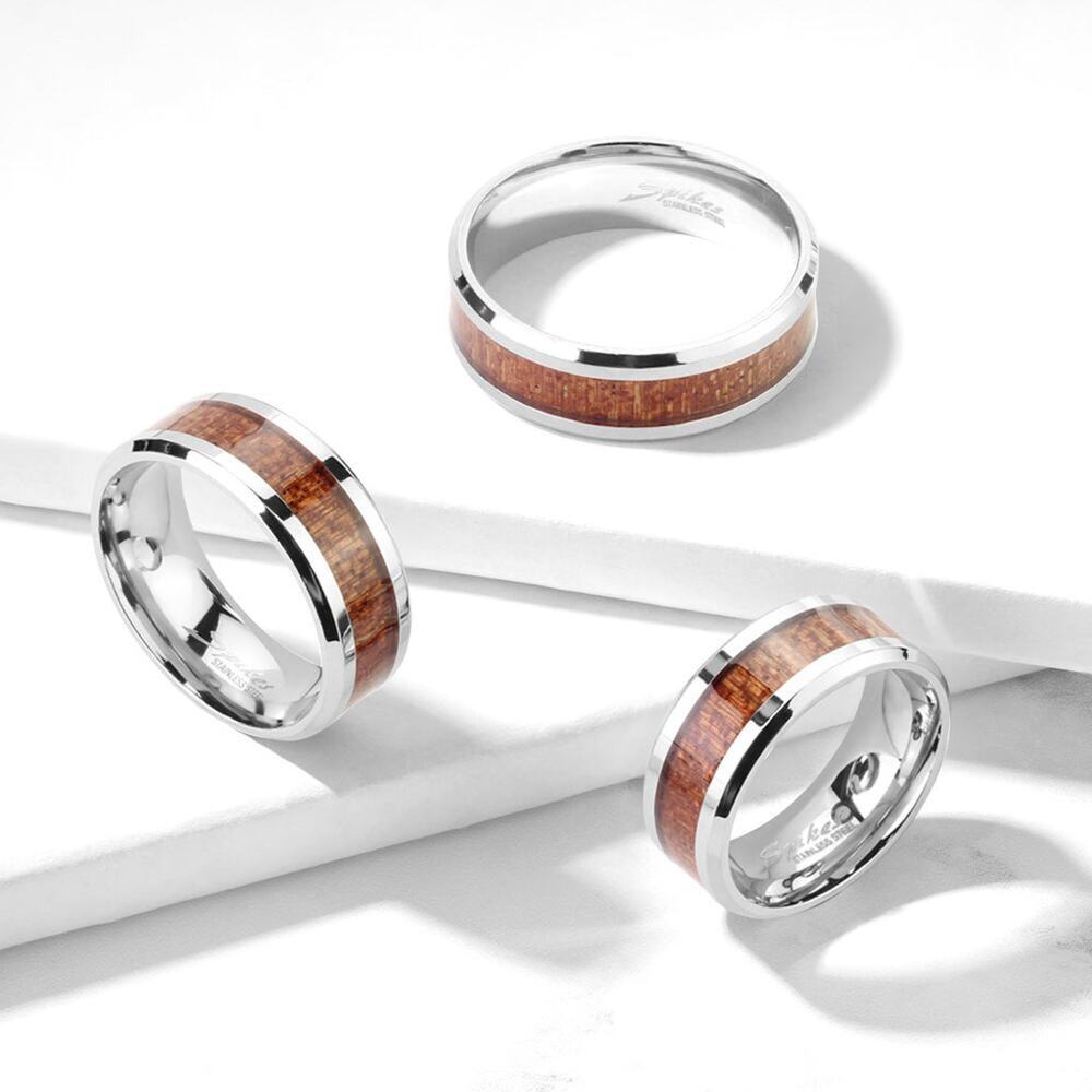 Wood Inlay Center Beveled Edges Stainless Steel Ring size 13